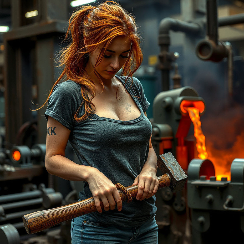Factory Woman Forging Sword in Steel Mill