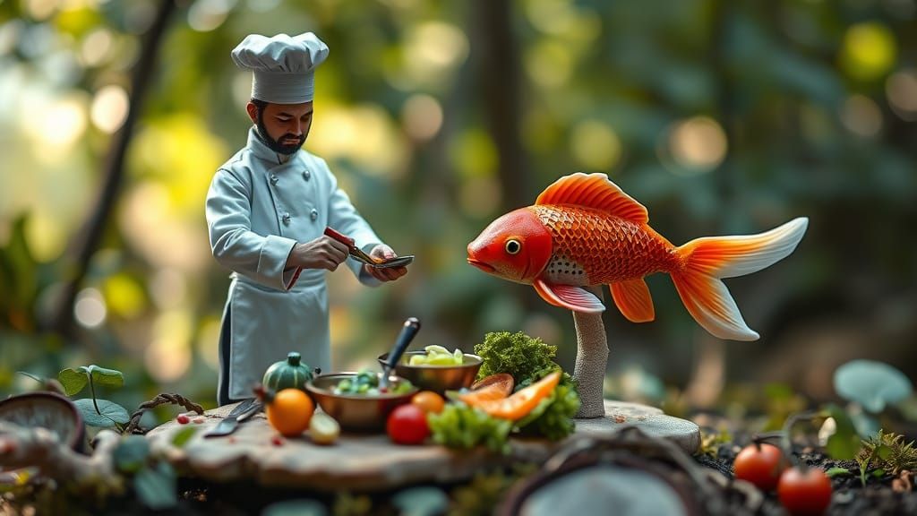 Miniature Chef Prepares Koi Fish Meal in Forest