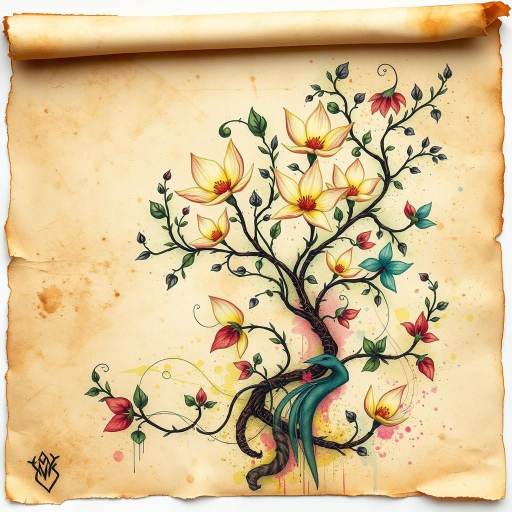 Mystical Flora on Ancient Parchment: Watercolor and Ink