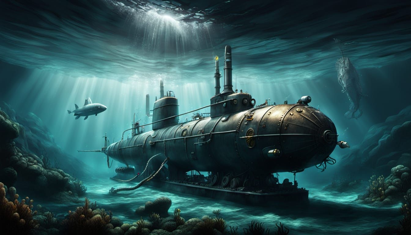 Steampunk Submarine and Giant Squid in Deep Sea