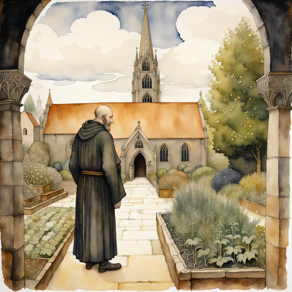 Benedictine Monk in Herb Garden, Watercolor in Bauer Style