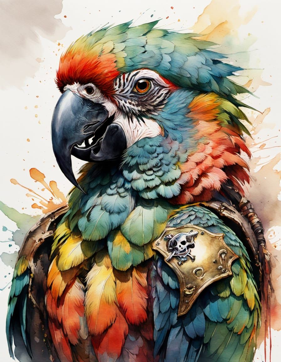 Pirate Parrot Portrait in Watercolor Painting Style