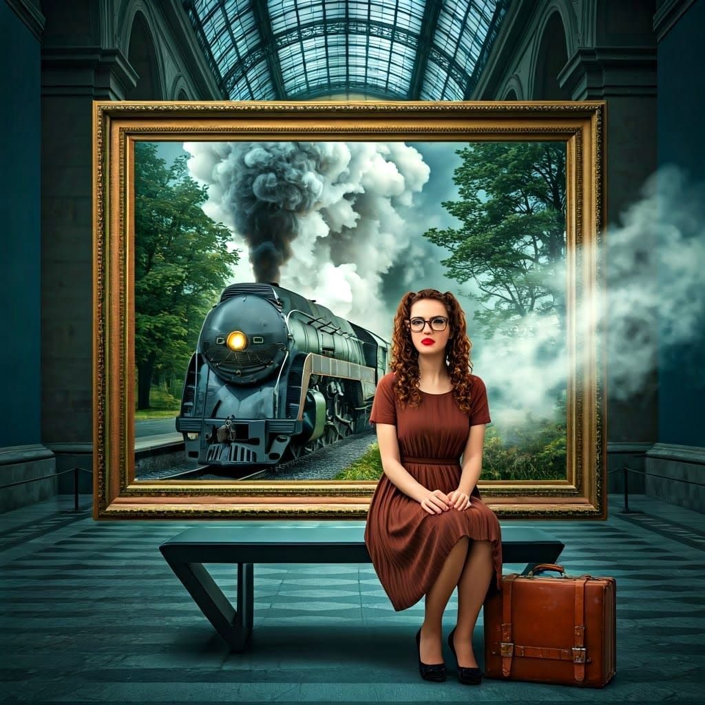 A Woman Watches a Steam Locomotive Enter a Gallery