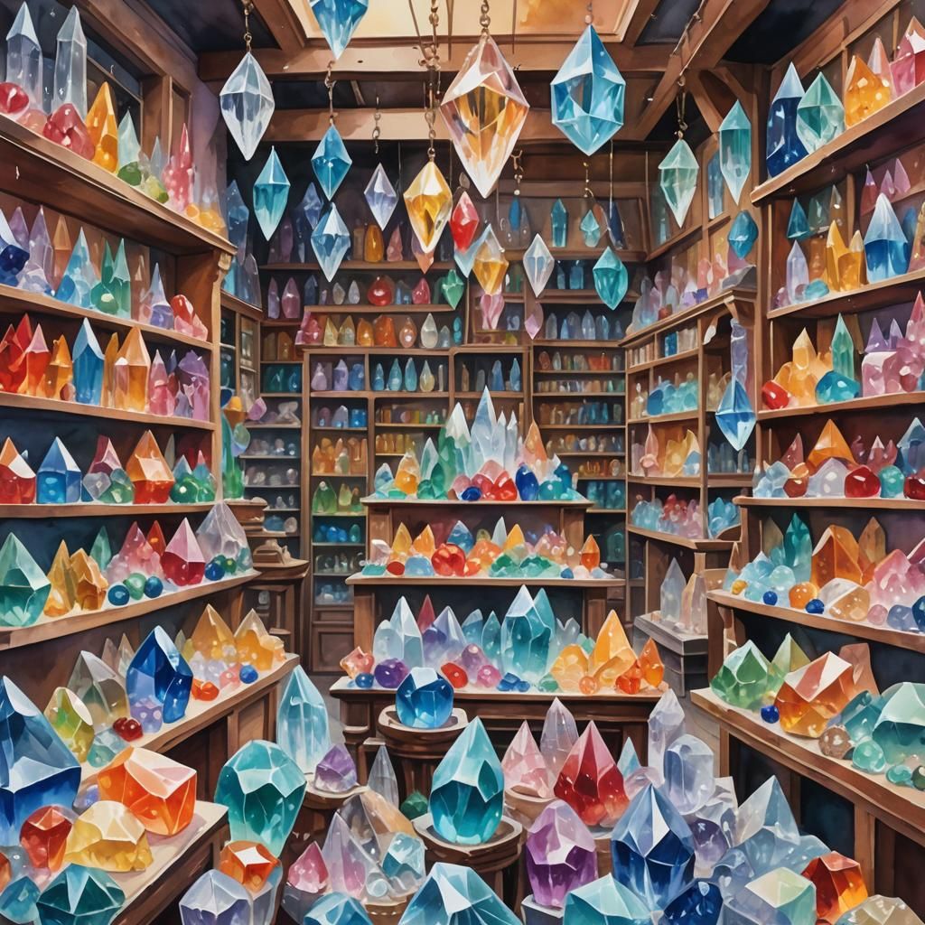 Crystal Shop Interior in Gouache Watercolor Style