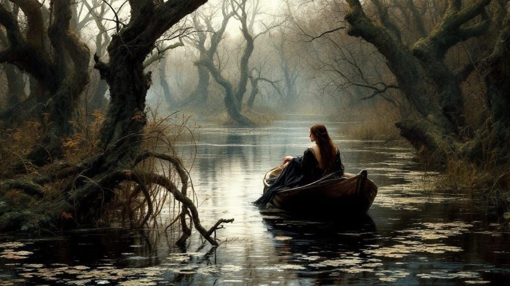 Medieval Woman in Photorealistic Boat Scene, Oil on Canvas