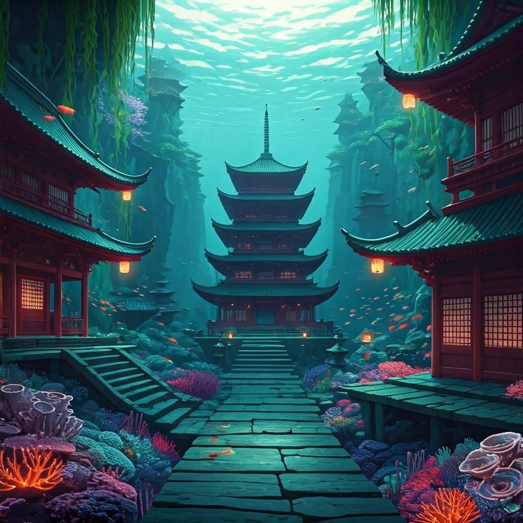 Mystical Underwater Feudal Japan City in Detailed Matte Pain...