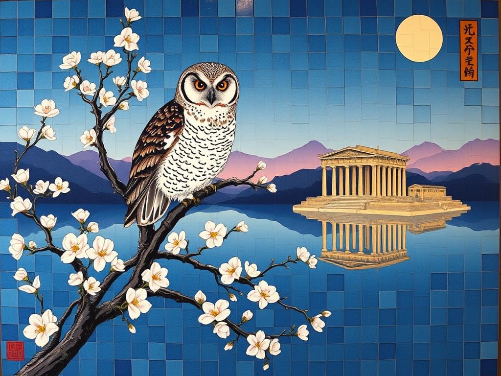 Serene Sakura Scene in Sumi-e Style with Owl and Ancient Tem...