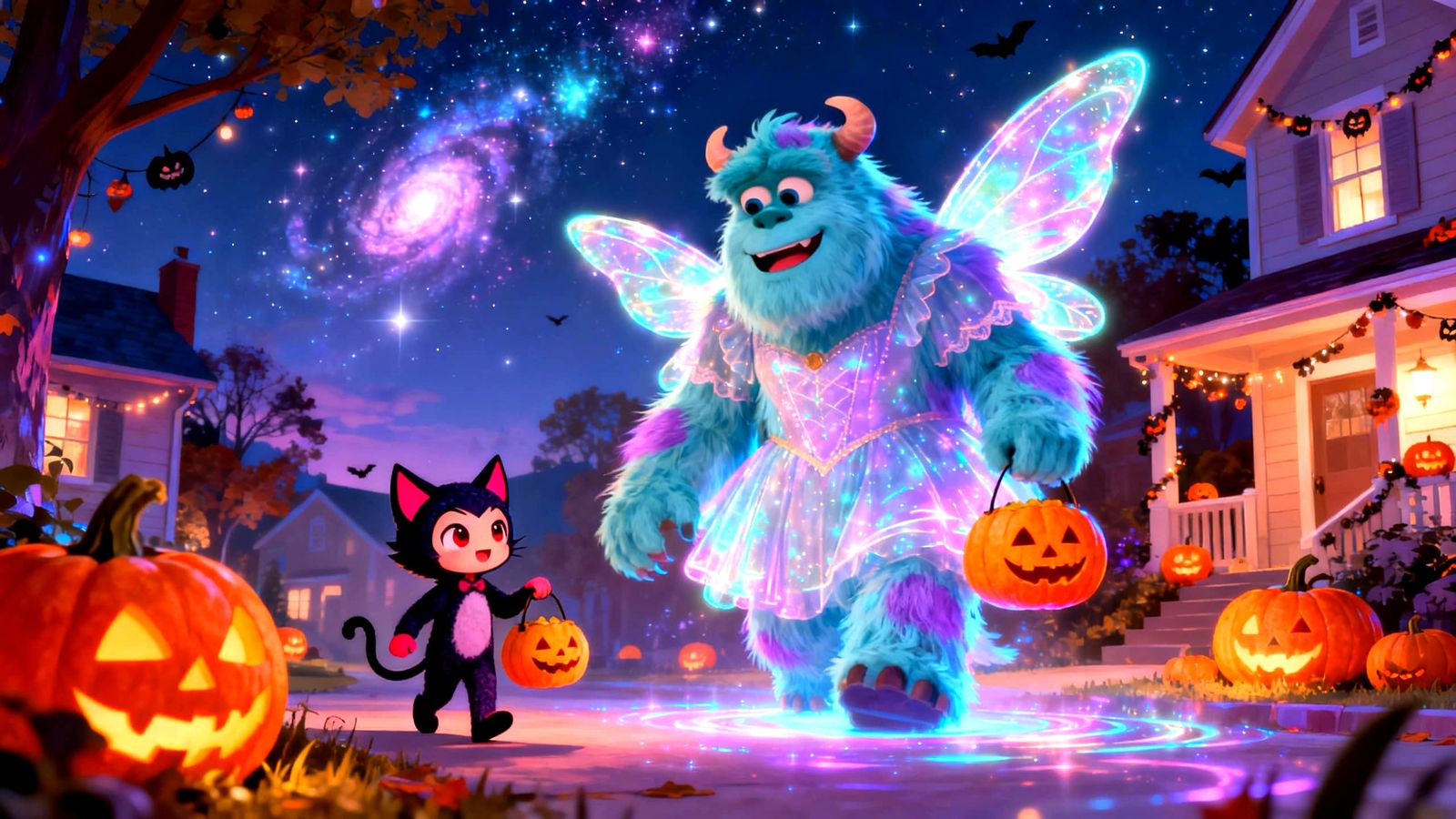 Cute Halloween Characters Trick-or-Treating in Cartoon Style