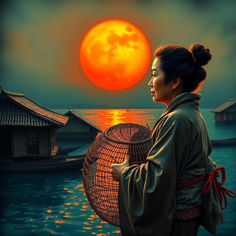 Japanese Woman with Fish Trap at Sunset