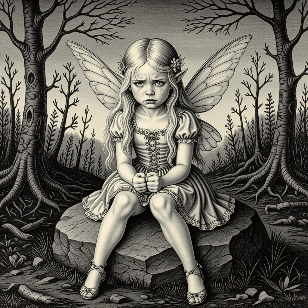 Fairy Angrily Crying in Decaying Forest, Lithograph Style