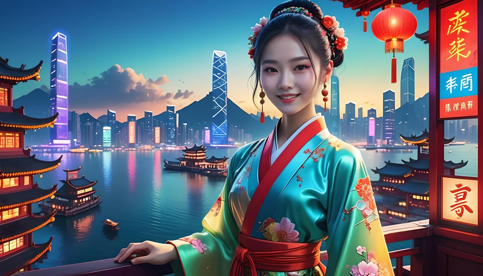 Cyberpunk Megalopolis at Dusk with Chinese Model