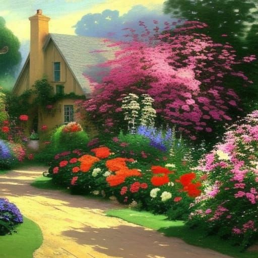 Cozy House in Flower Garden, Impressionist Style