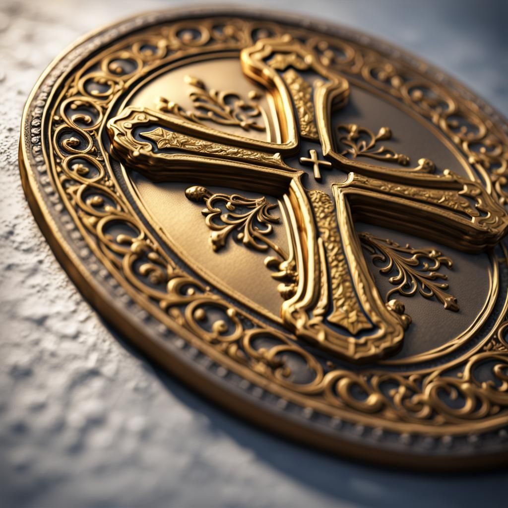 Ornate Medieval Gold Coin: Detailed Matte Painting