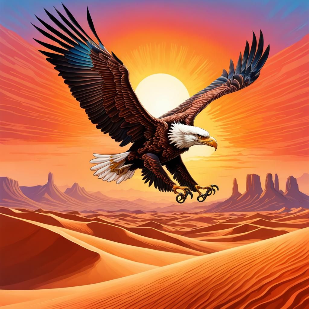 Eagle Soaring at Sunset Over Desert Scene
