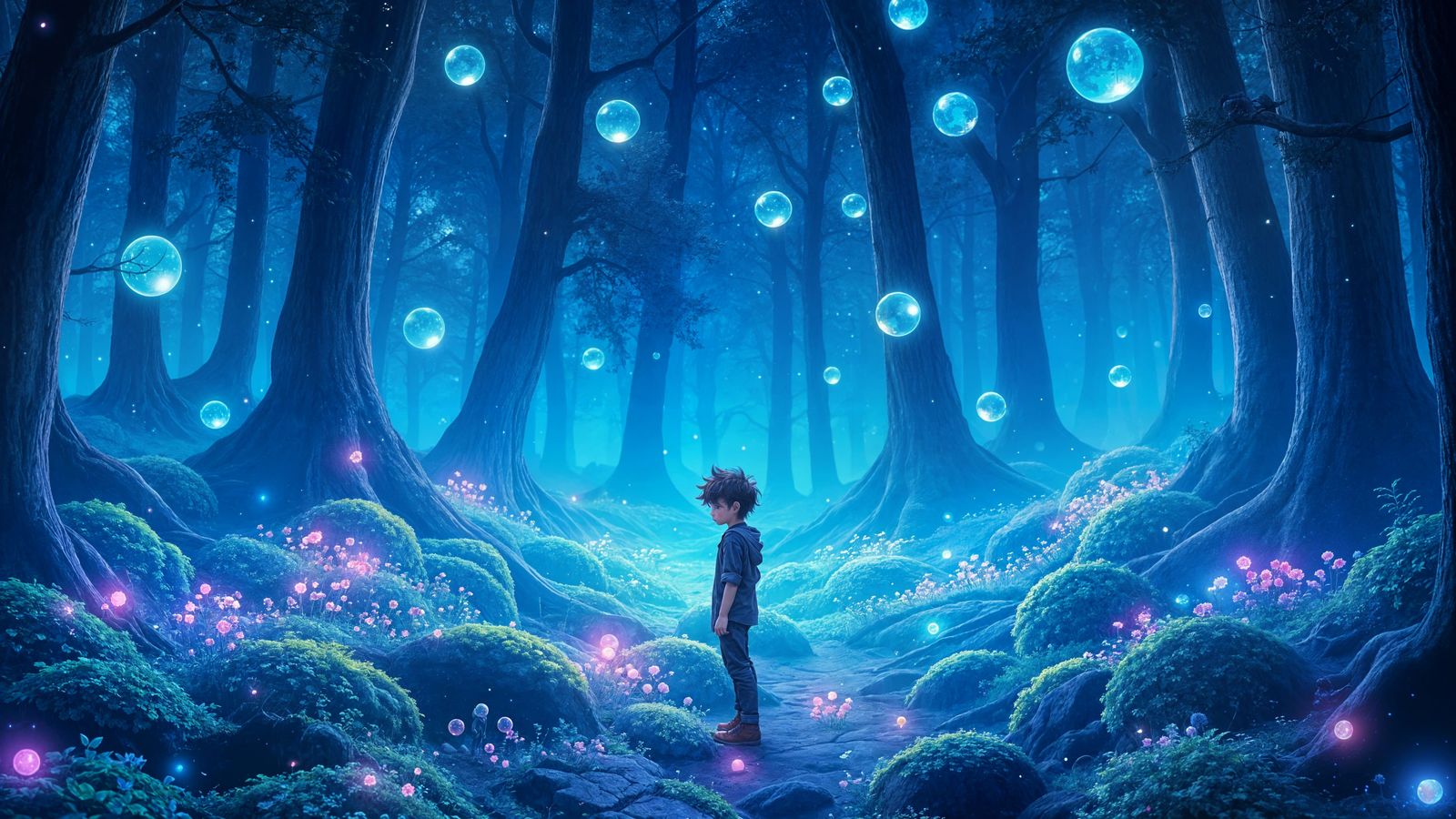 Boy in Magical Forest with Glowing Orbs