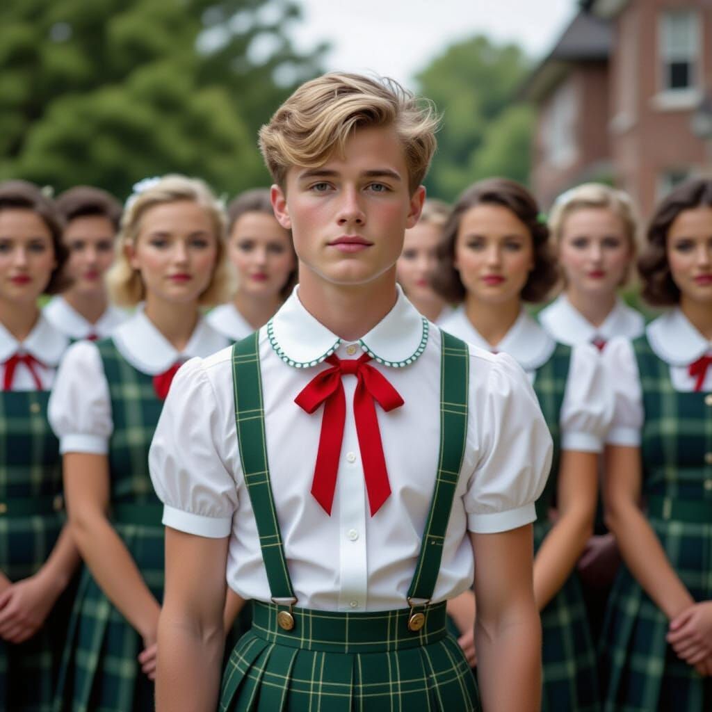 Young Man in Green Tartan Dress, Cinematic Film Still