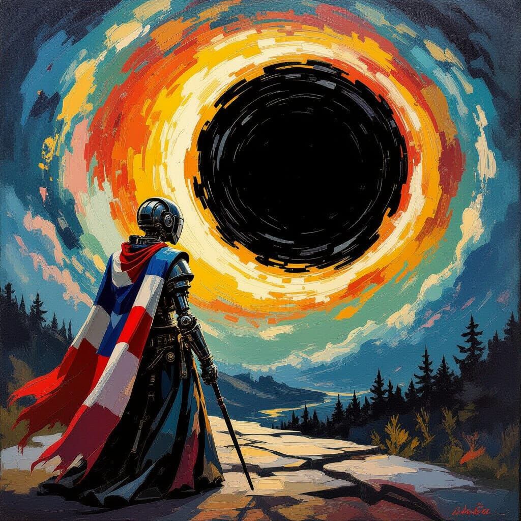 Automaton Guarding Black Hole in Graffiti Art Style