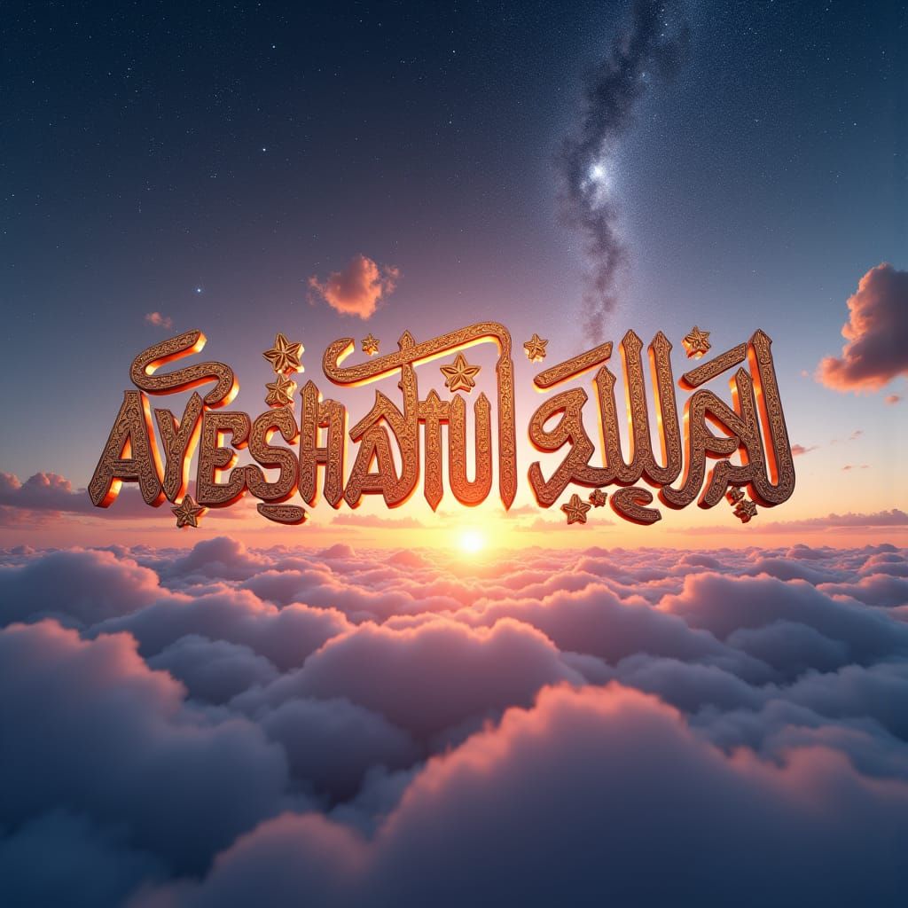 Glowing 3D Text 'AYESHATUL FALAQ' Dawn Sky Background