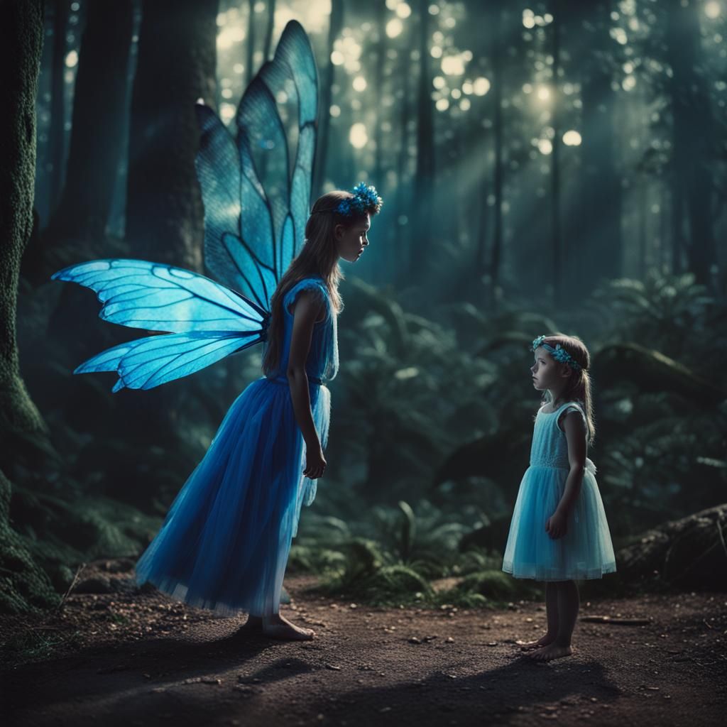 Blue-Winged Fairy Watches Young Girl: Cinematic Still