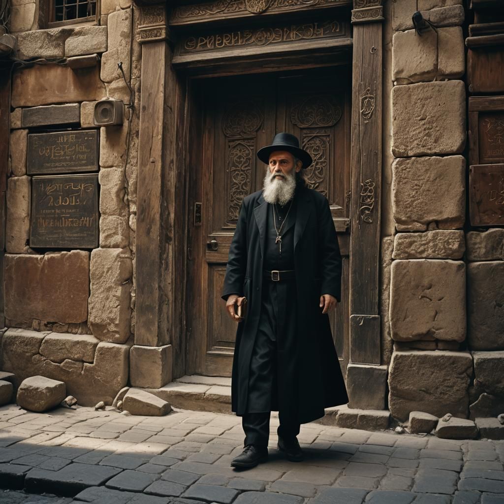 Rabbi in Mea Shearim with Shtreimel Fur Hat