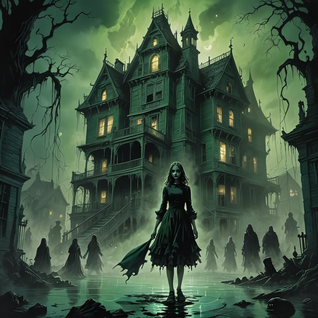 Eerie Gothic Horror: Girl at Haunted House