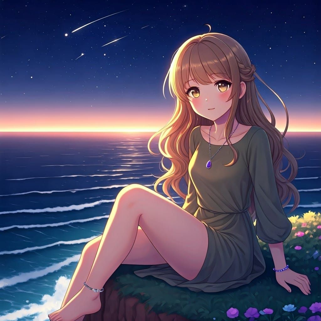 Girl on Cliff Under Stars in Manga Style