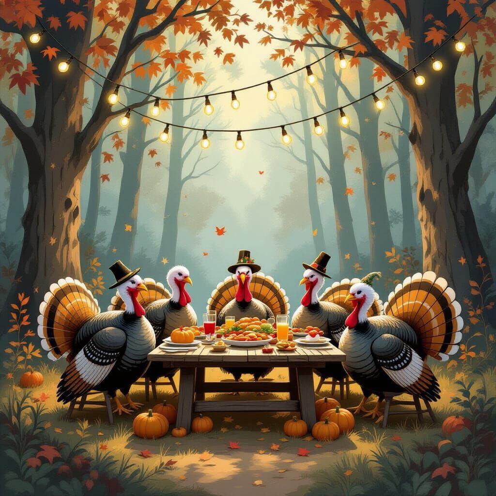 Turkeys Feast Under Twinkling Lights in Forest