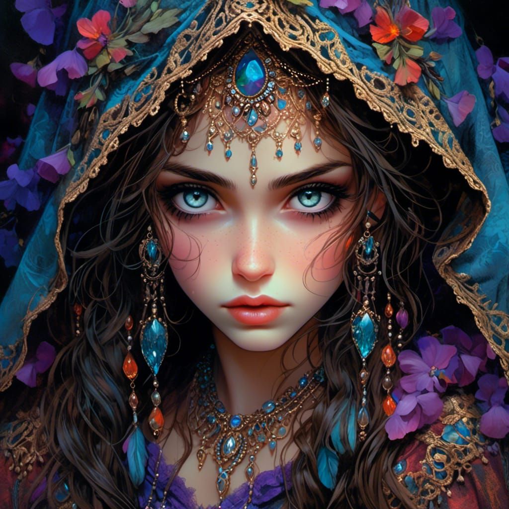 Stunning Gypsy Woman Portrait in Oil Painting Style