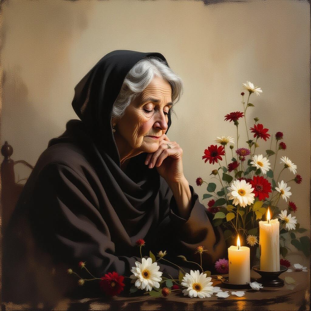 Elderly Woman Contemplating Fading Flowers in Goya Style