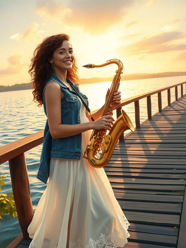 Young Woman Plays Saxophone at Sunset on Lake Dock