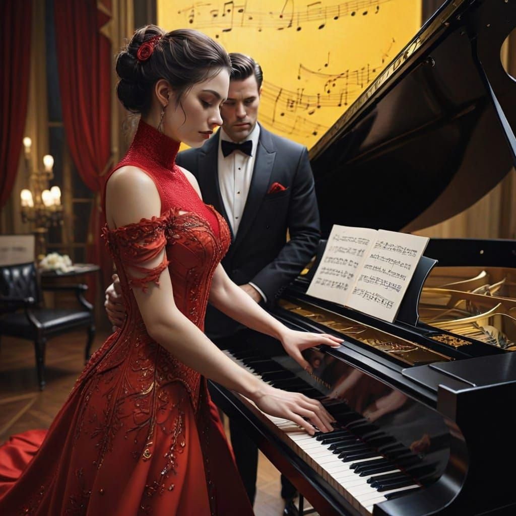 Couple by Piano Under Ethereal Music Notes
