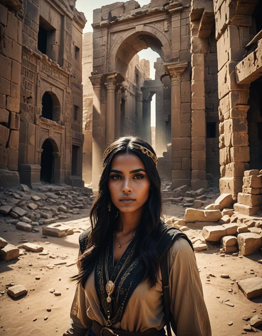 Arabian Woman Explorer in Desert Ruins, Film Aesthetic