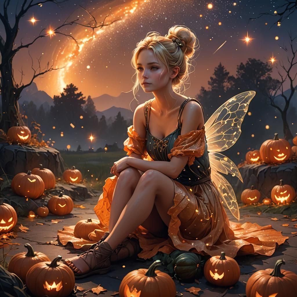 Pumpkin Fairy Watching Falling Stars in Abstract Style