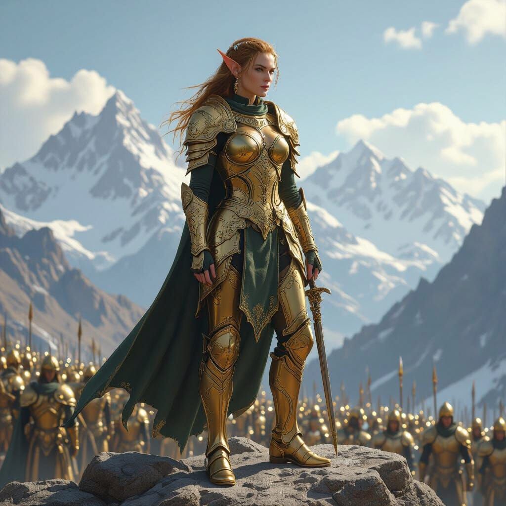 Elven Warrior in Gold Armor with Troops
