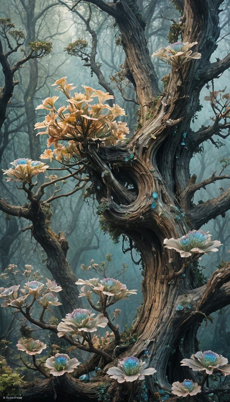 Glowing Fungus on Bark in Surreal Fantasy Style