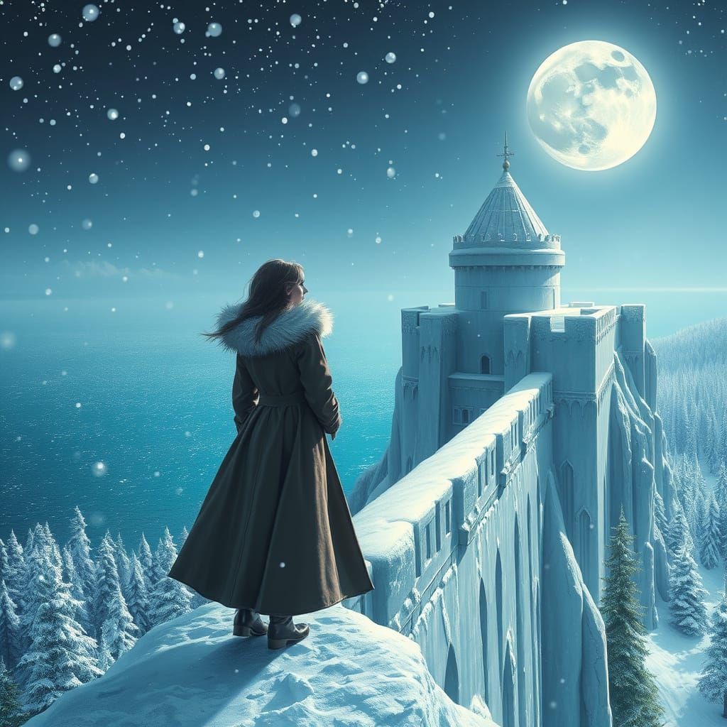 Midnight Ice Fortress Beneath a Brilliant Full Moon