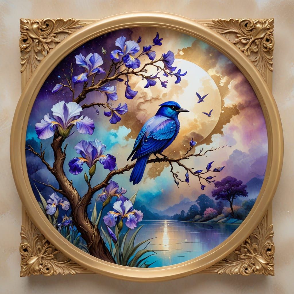 Alcohol Ink Art: Blue Iris Flowers, Clouds, and Bird in Gold...
