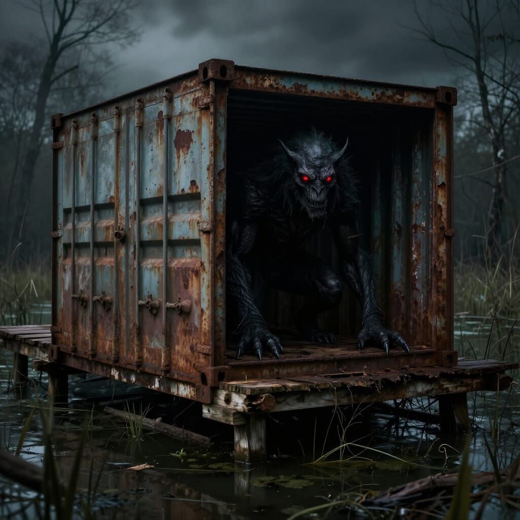 Sinister Shadow Beast Stares Through Rusted Container