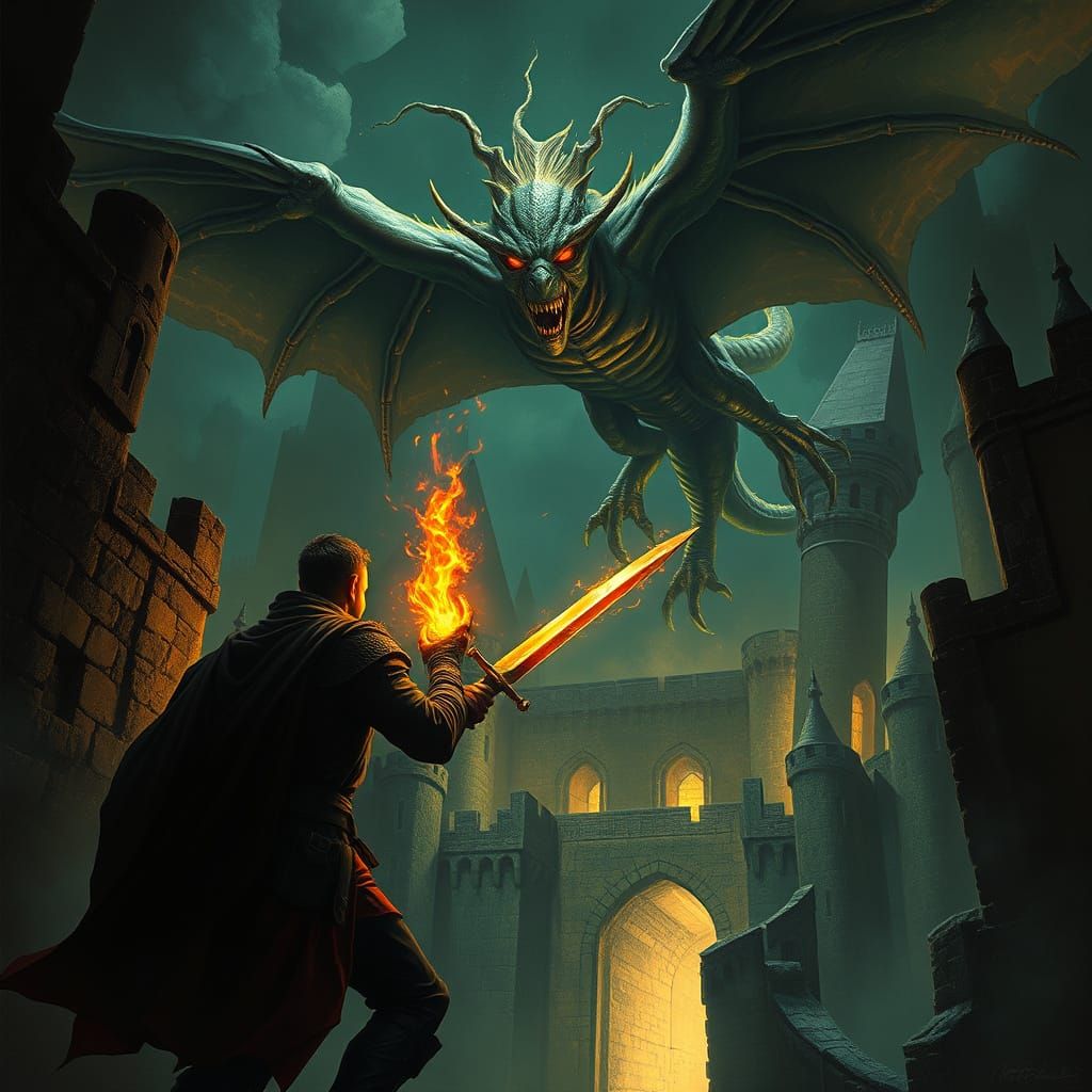 Heroic Warrior Confronts Dragon in Dark Fantasy Castle