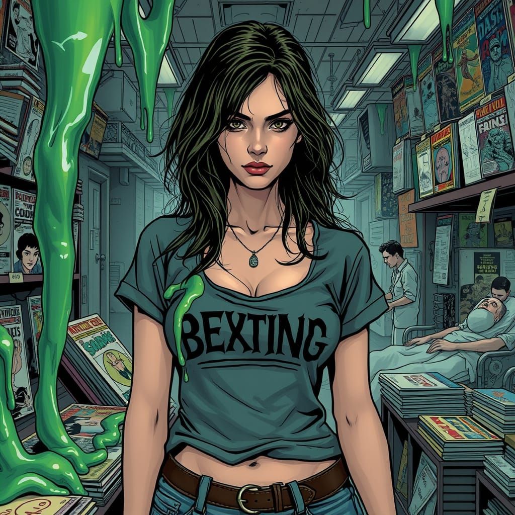 Woman in Band Shirt Surrounded by Metallic Slime