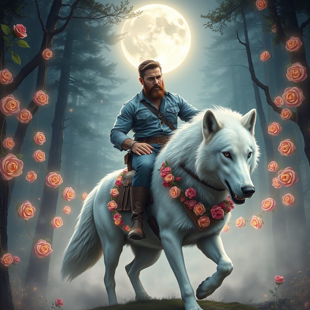 Gardener on White Wolf in Cosmic Forest