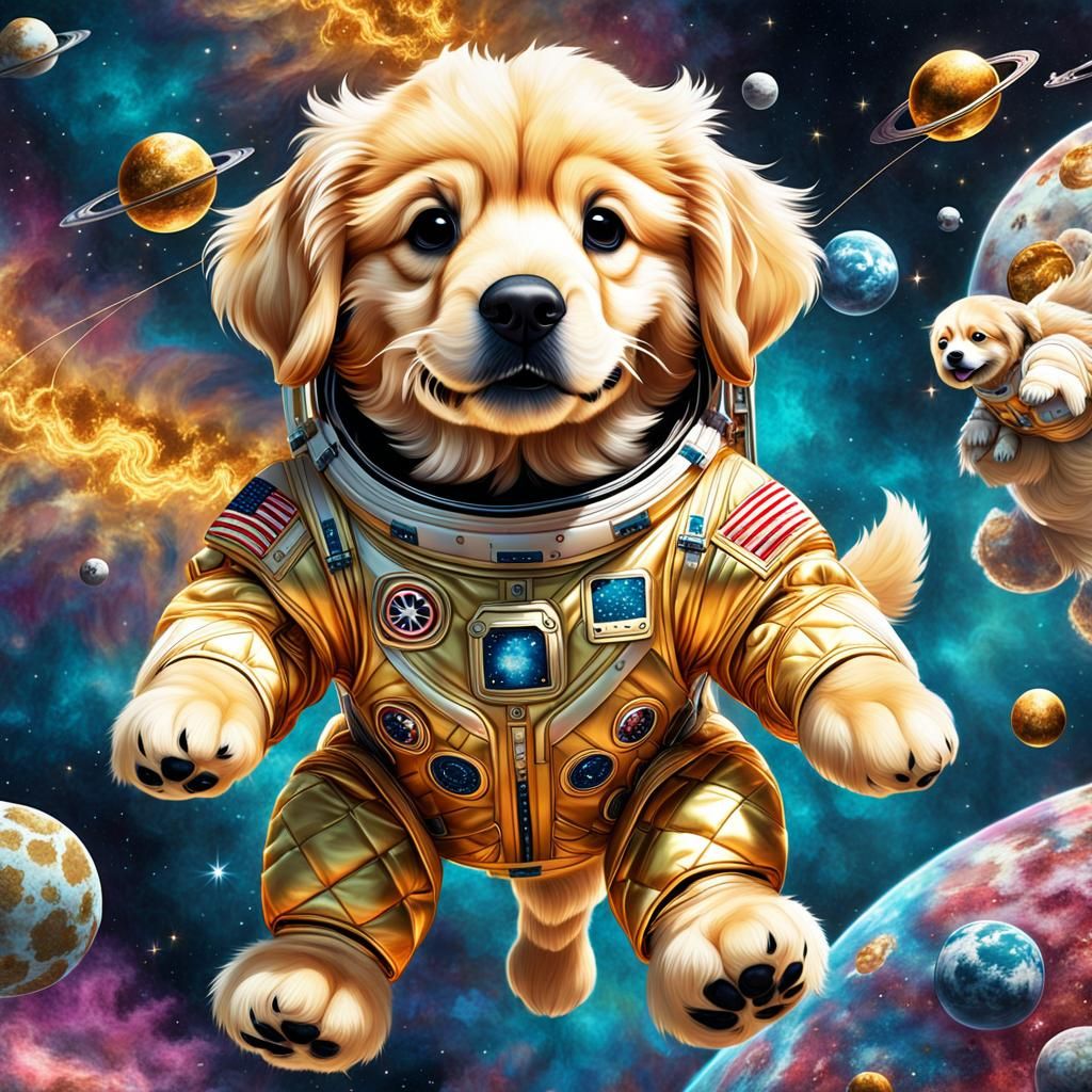 A Quilted texture scene . Golden Retriever astronaut in space