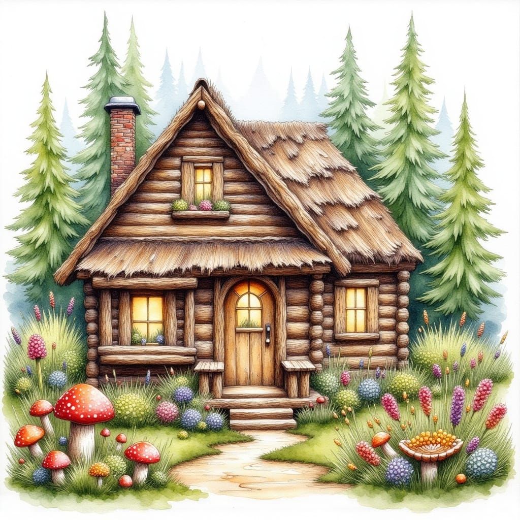 Watercolor Gnome Cabin in Forest Glade