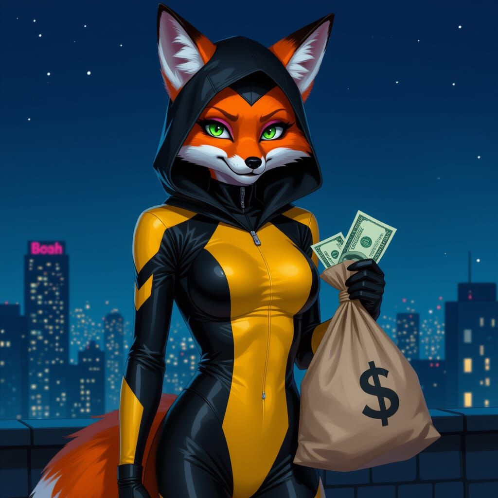 Female Fox Vigilante on Rooftop in Gritty Style