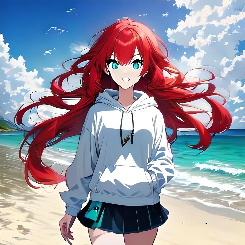 Anime Girl with Red Hair on Sunny Beach