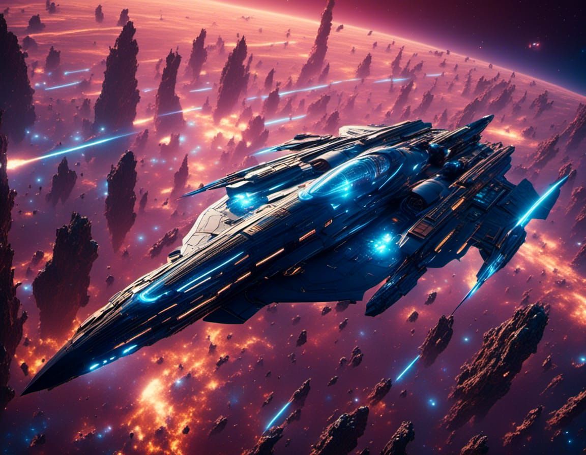 Futuristic Borg Starship in Space with Twinkle Lights