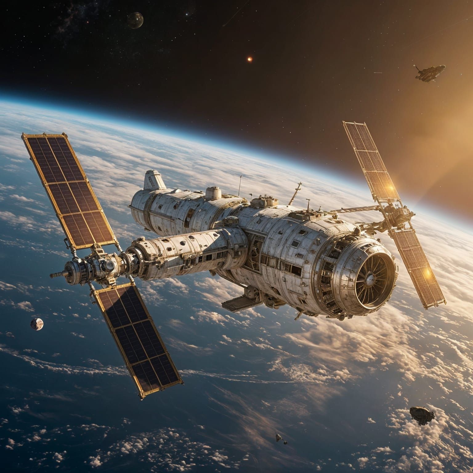 Abandoned Space Station Orbiting Earth at Golden Hour