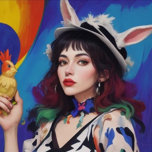 Surreal Rabbi Rabbit with Rubber Chicken, Folk Art Style