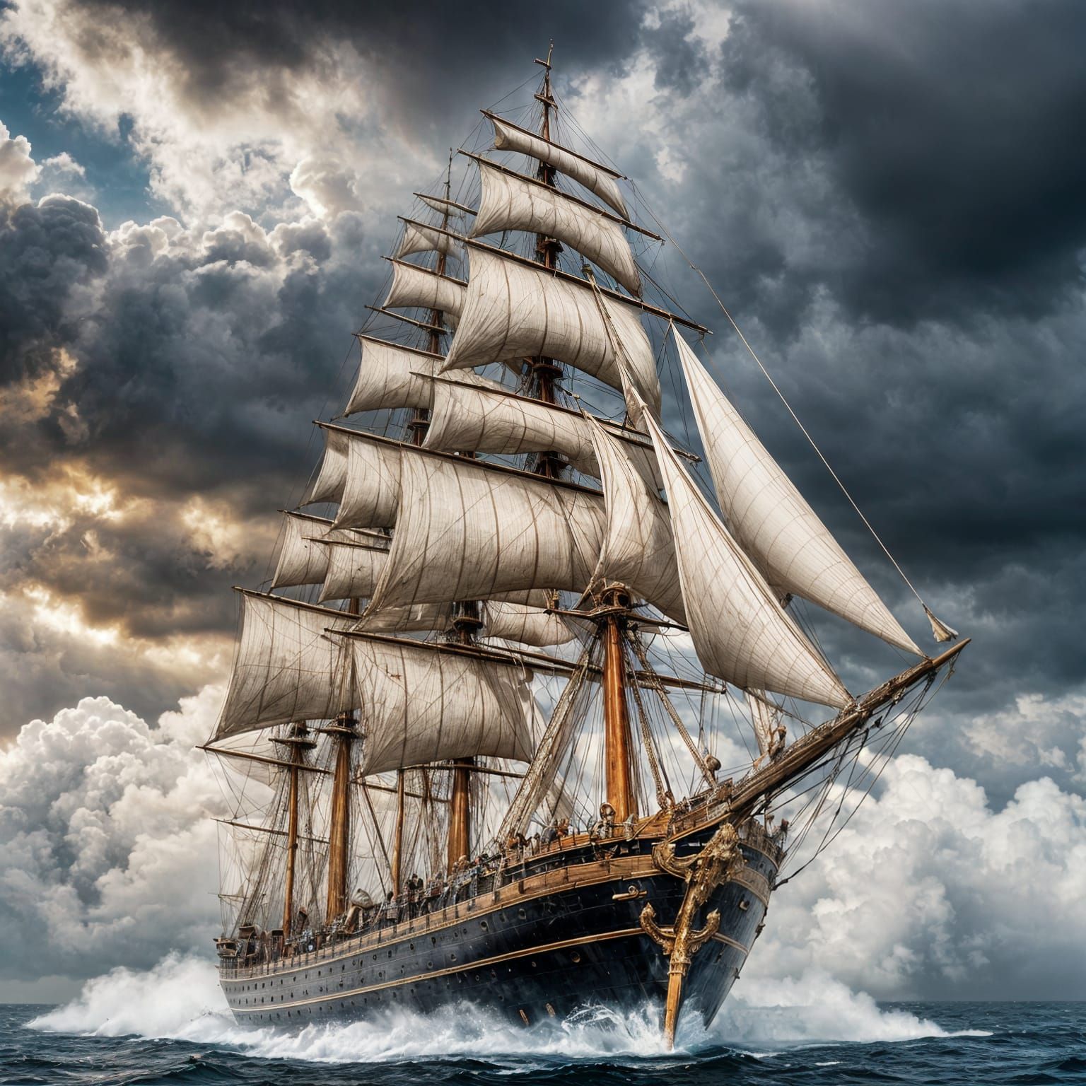 Italian Ship Sails Through Dramatic Cloudscape in Hyperreali...