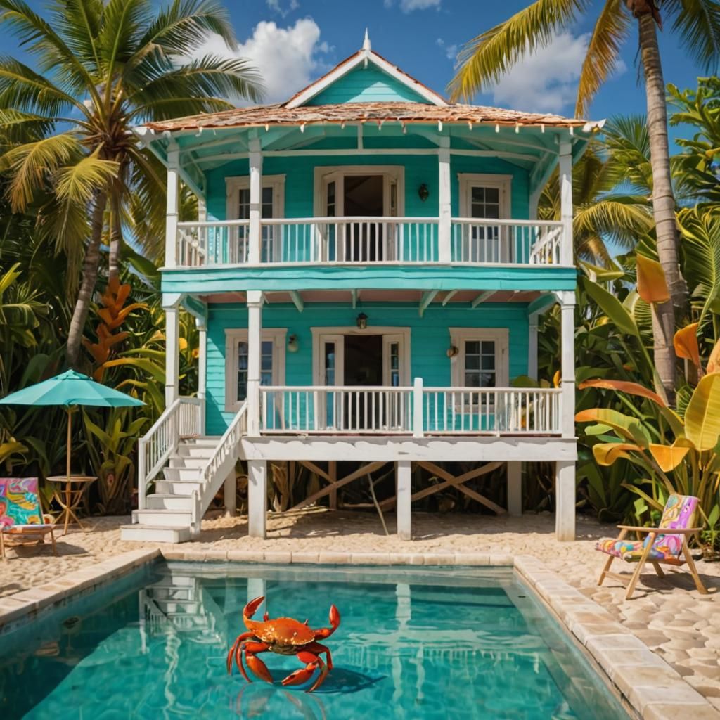 Caribbean Crab Dancing in Colorful Crib: Folk Art